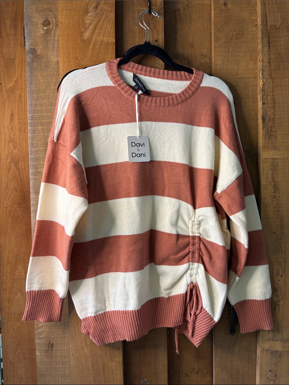 DAVI & DANI Rust and Cream Wide-Stripe Crewneck Sweater with Side Drawstring